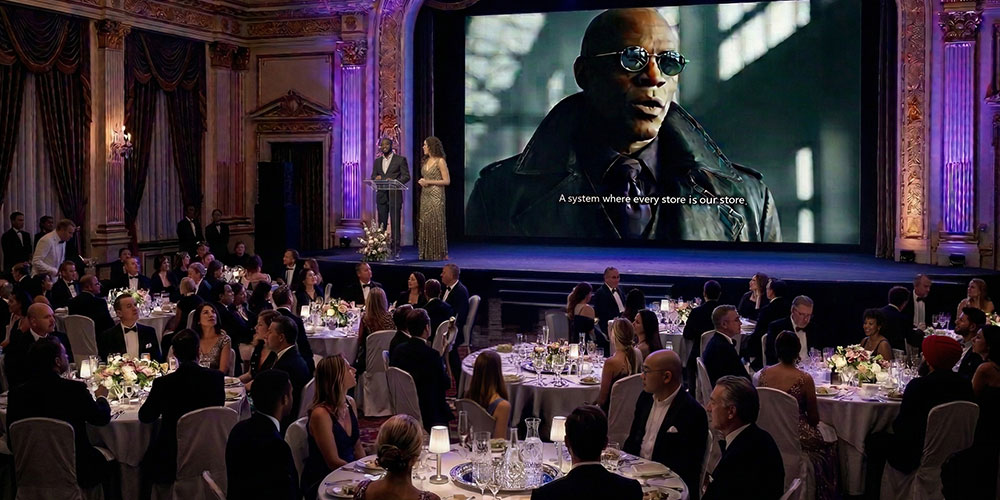 A corporate awards ceremony with guests dining. A large screen plays an introduction to an award.