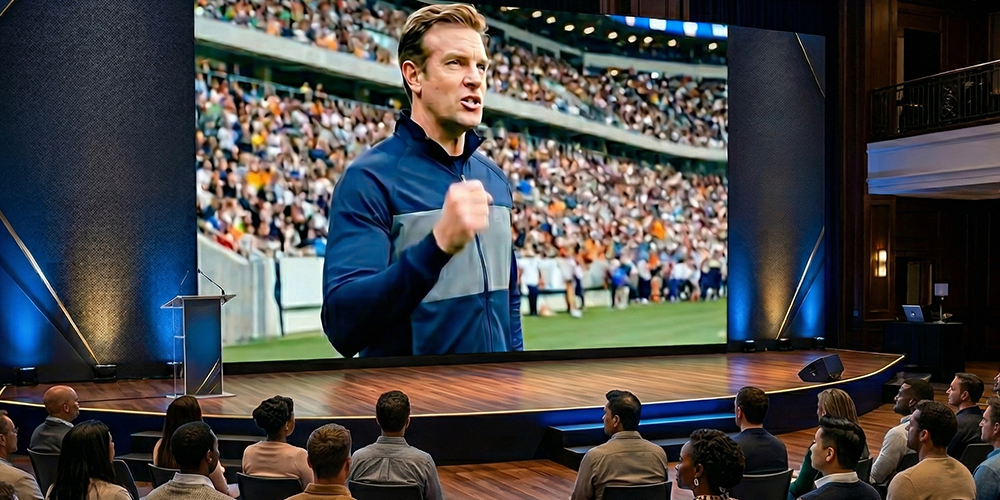 Image of a conference with large screen. On the screen plays a video where a soccer coach is cheering on his players.